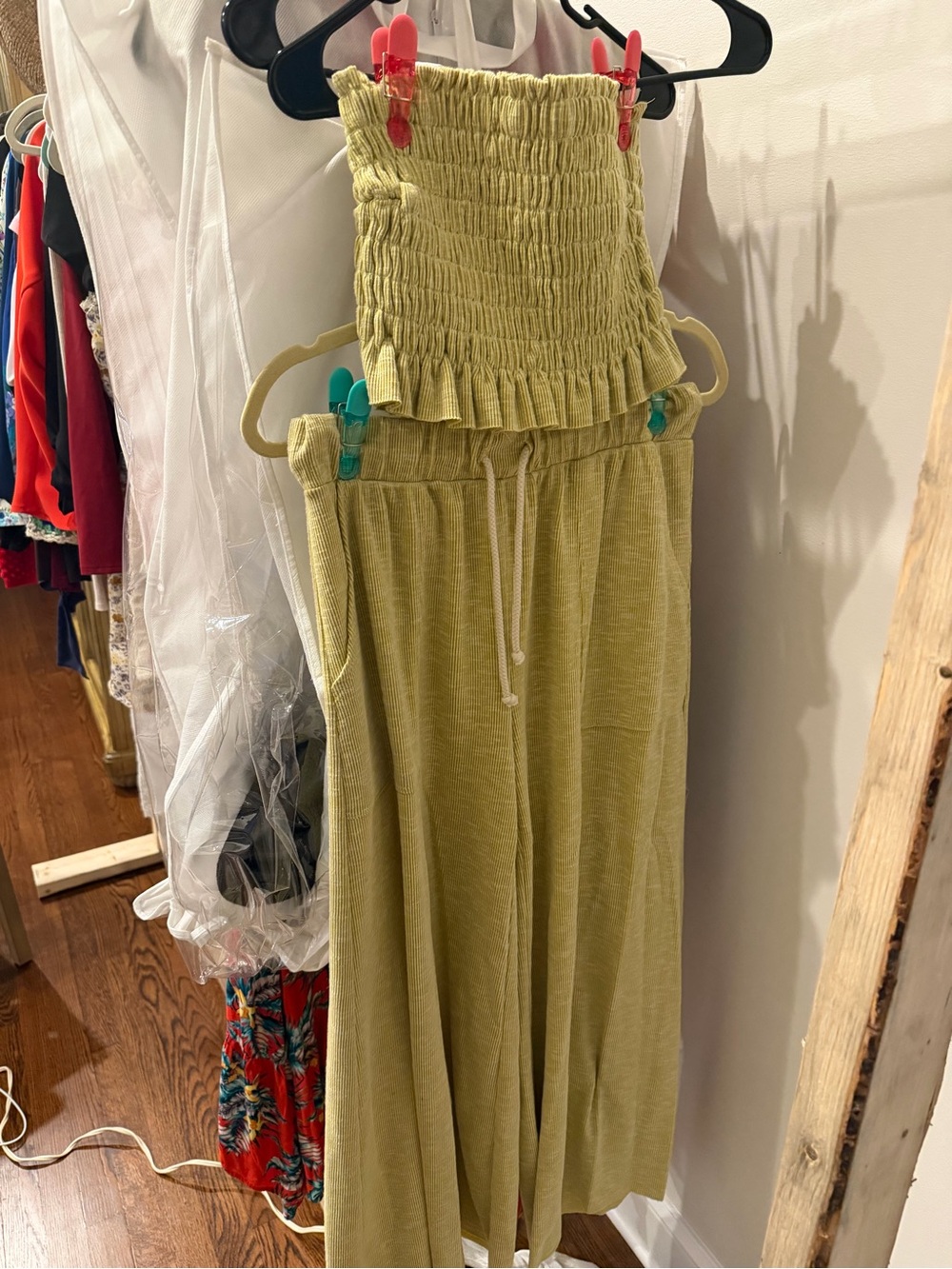 By Together Olive Green Smocked Tube Top with Wide-Leg Pants Set